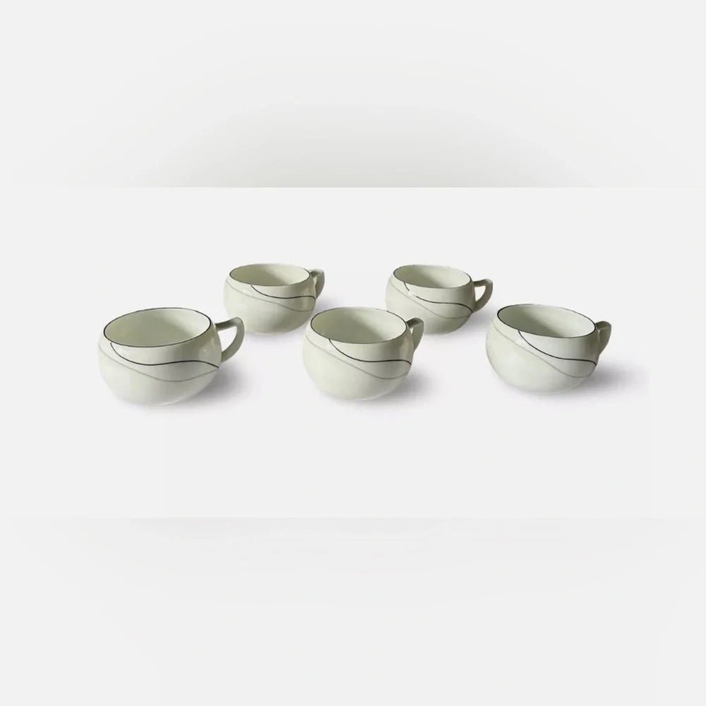 Set of FOUR Mikasa THREADS Coffee Cups, Black & Gray Lines Fine China Japan